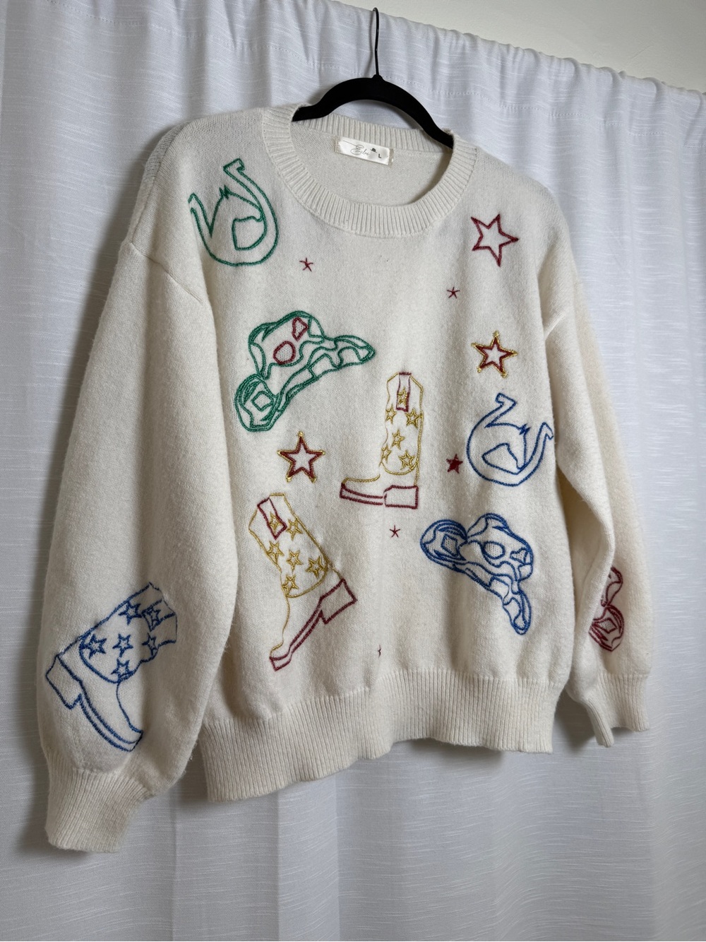 Eloise Raye Howdy Metallic Embroidered Western Cowboy Sweater Cream | Size S - Picture 8 of 13